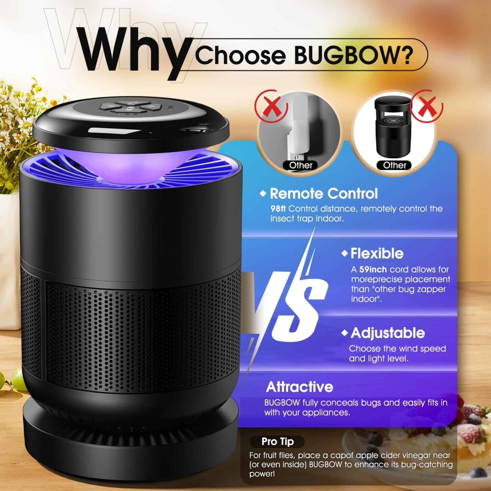BUGBOW Fly Trap Indoor, Bug Light Trap Indoor, Remote Control Fruit Fly Trap Black & Dark Blue