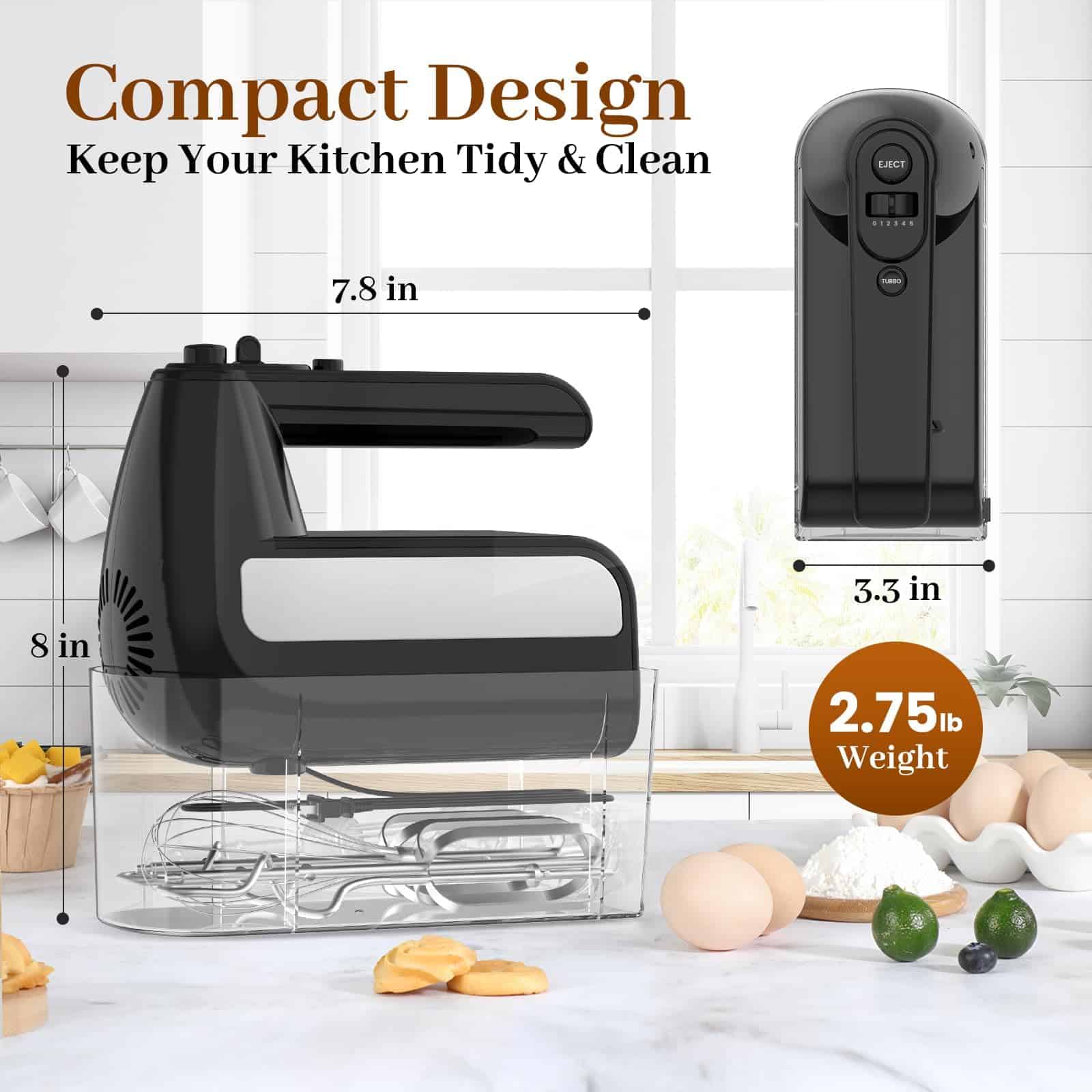 CHIDOLL 5-Speed Electric Hand Mixer, 800W Handheld Mixer with Turbo for Baking & Cooking, Kitchen Food Mixer - Black