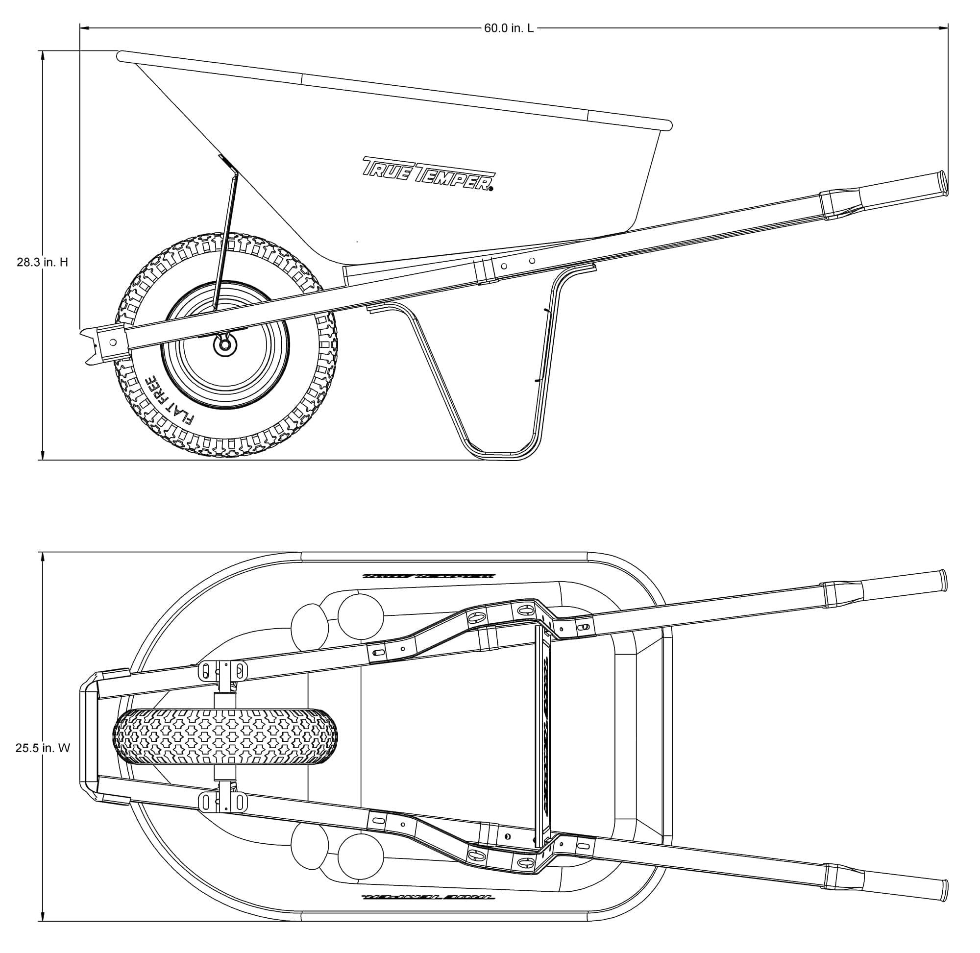 True Temper R6STFFEC 6 Cu. Ft Steel Tray Wheelbarrow with Never Flat Tire & Steel Handles, Black