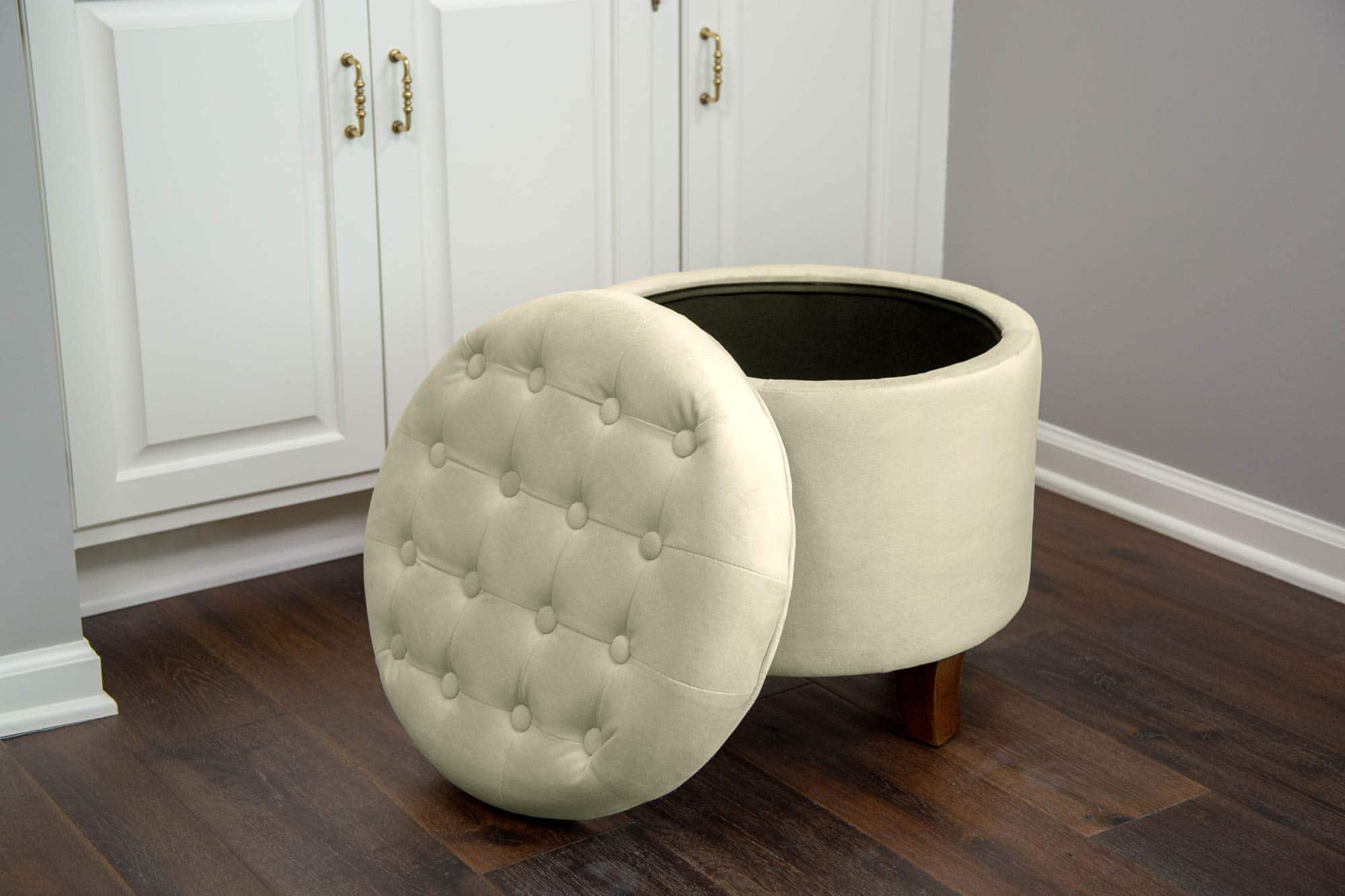 Homepop Home Decor | Upholstered Round Velvet Tufted Foot Rest Ottoman, Cream Small