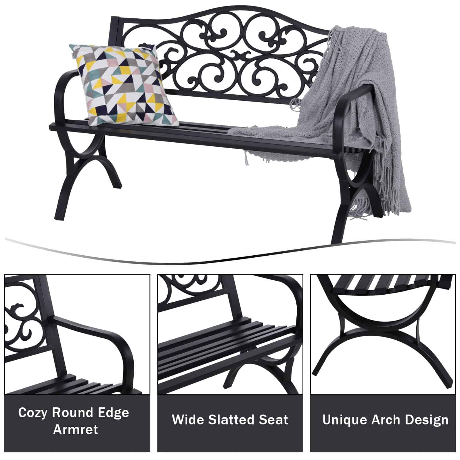 MFSTUDIO 50 Inches Outdoor Garden Bench, Cast Iron Metal Frame Patio Park Bench with Floral Pattern Backrest, Black