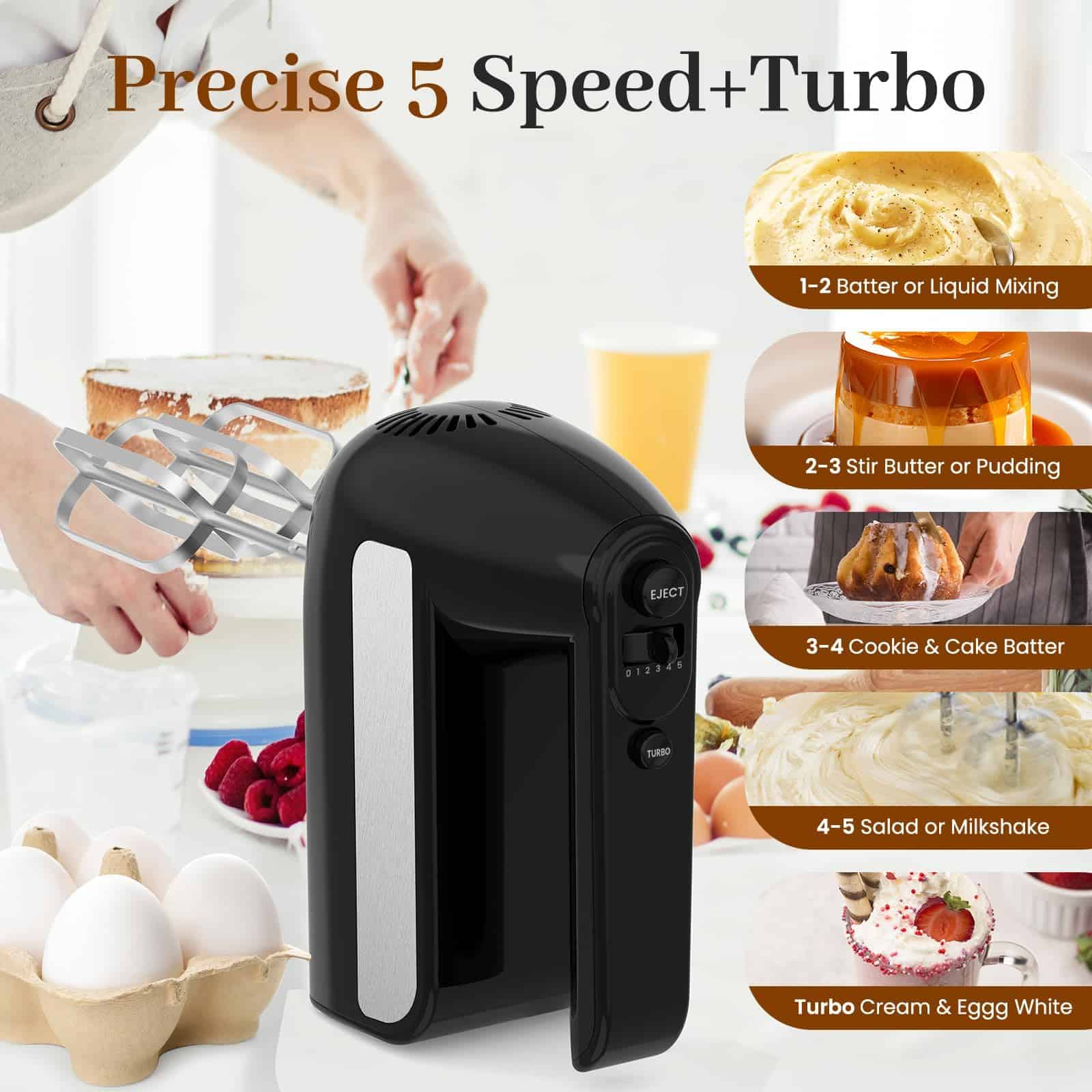 CHIDOLL 5-Speed Electric Hand Mixer, 800W Handheld Mixer with Turbo for Baking & Cooking, Kitchen Food Mixer - Black