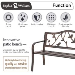 Sophia & William Outdoor Bench, Porch Bench, Garden Bench, Wrought Iron Bench, Outdoor Bench with Backrest and Armrests, Bronze