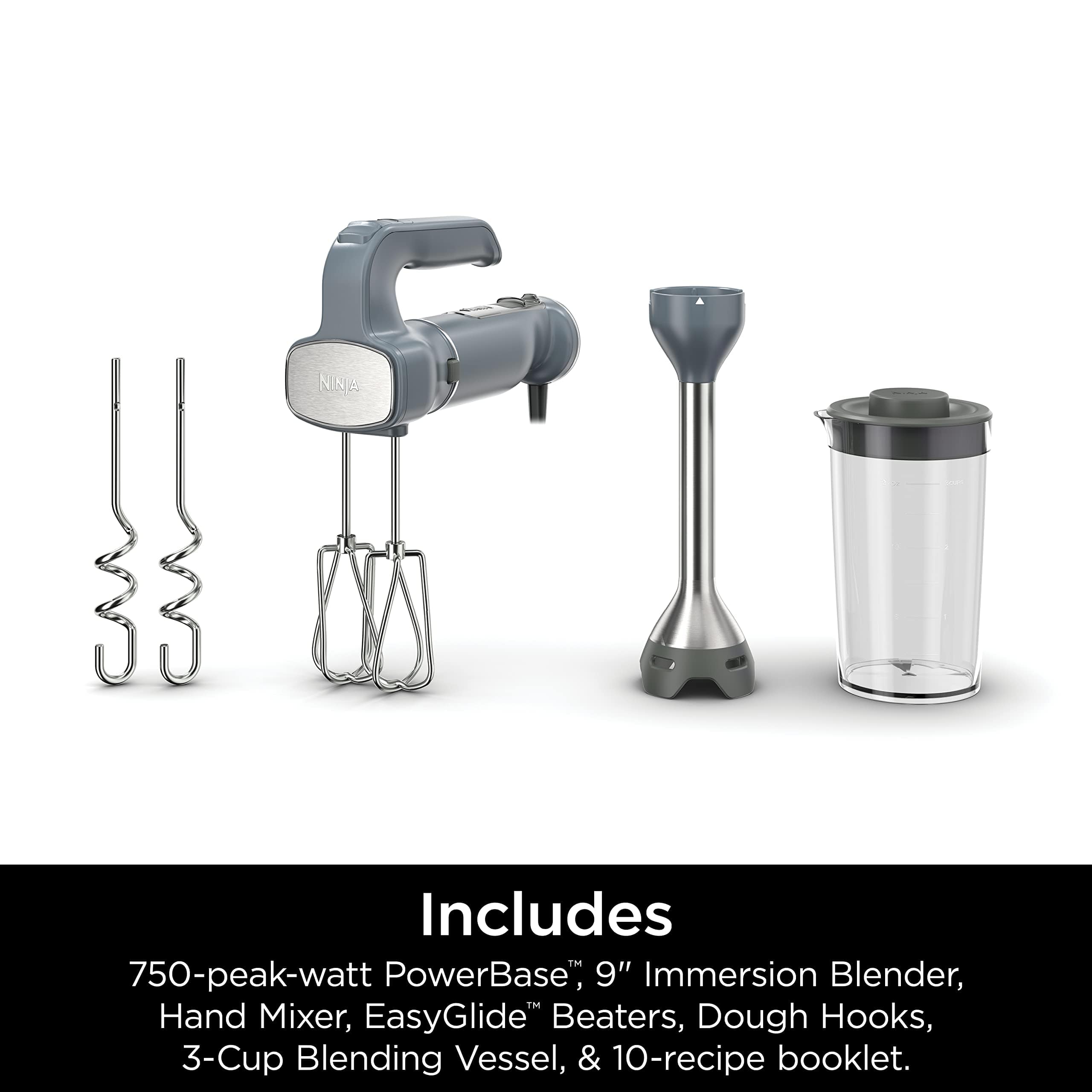 Ninja CI105BRN Foodi Power Mixer System, 750-Peak-Watt Immersion Blender and Hand Mixer, Sea Salt Gray