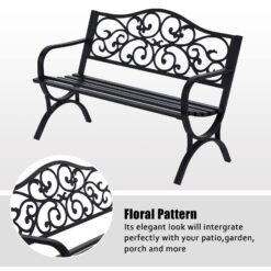 MFSTUDIO 50 Inches Outdoor Garden Bench, Cast Iron Metal Frame Patio Park Bench with Floral Pattern Backrest, Black