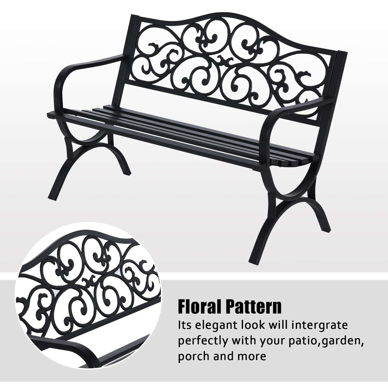 MFSTUDIO 50 Inches Outdoor Garden Bench, Cast Iron Metal Frame Patio Park Bench with Floral Pattern Backrest, Black