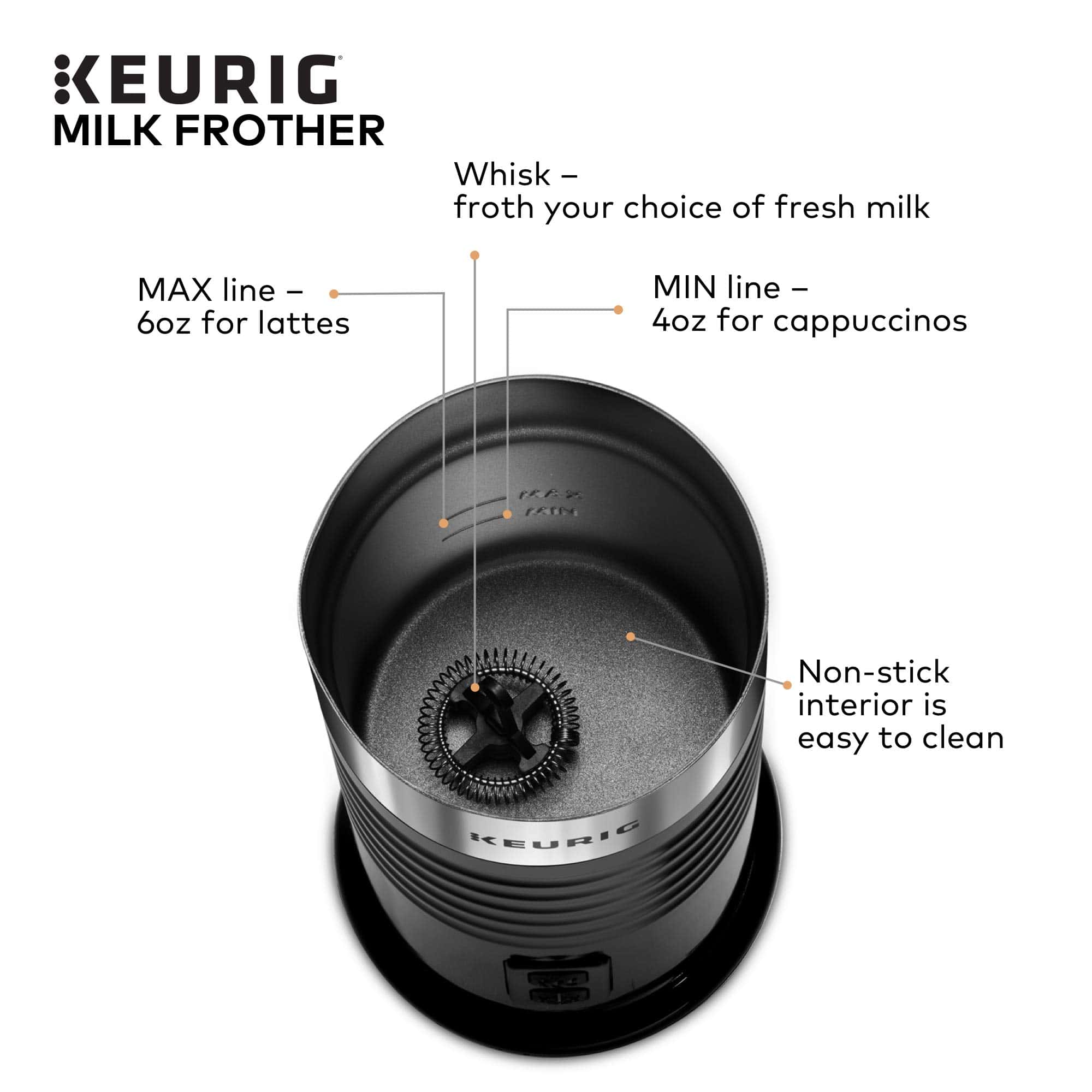 Keurig Standalone Frother Works Non-Dairy Milk, Hot and Cold Frothing, 6 Oz, Black
