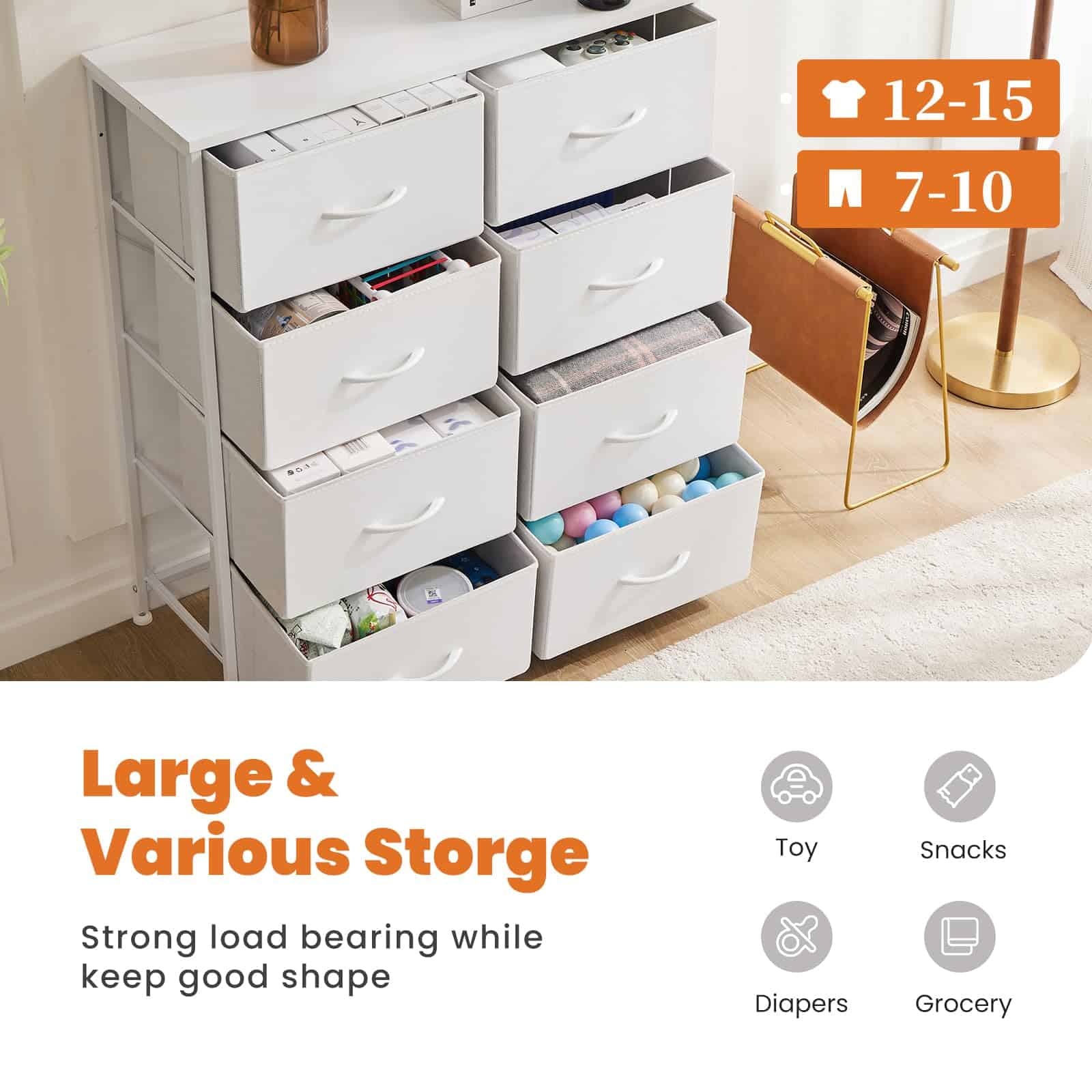 Sweetcrispy Dresser for Bedroom, Chest Organizer Unit with 8 Fabric Bins, Fabric Storage Tower, Drawer Organizer