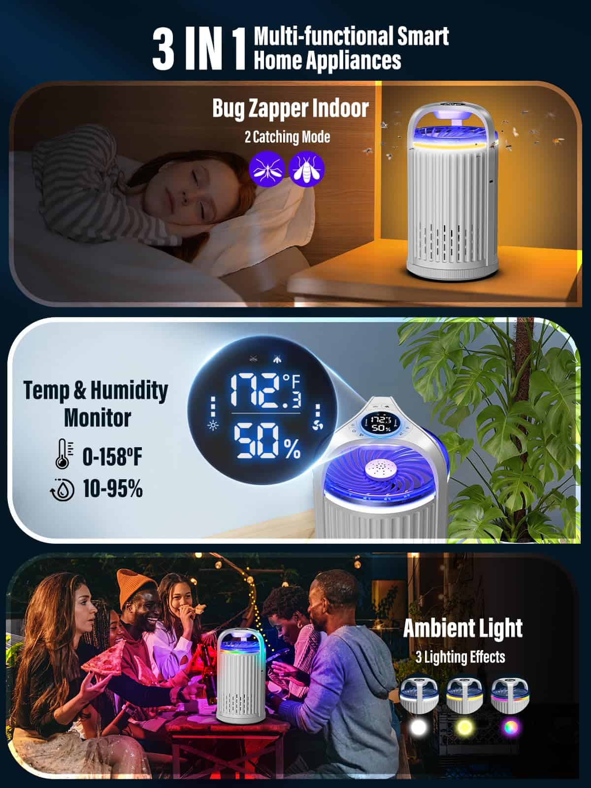 CreateFun Bug Zapper Indoor with Temperature & Humidity Sensor, Fly Trap Indoor, 3-in-1 Fruit Fly Trap, White