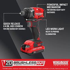Craftsman V20 1/4 in. Cordless Brushless Impact Driver Kit (Battery & Charger)