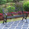 MFSTUDIO 50 Inches Outdoor Garden Bench, Cast Iron Metal Frame Patio Park Bench with Floral Pattern Backrest, Black