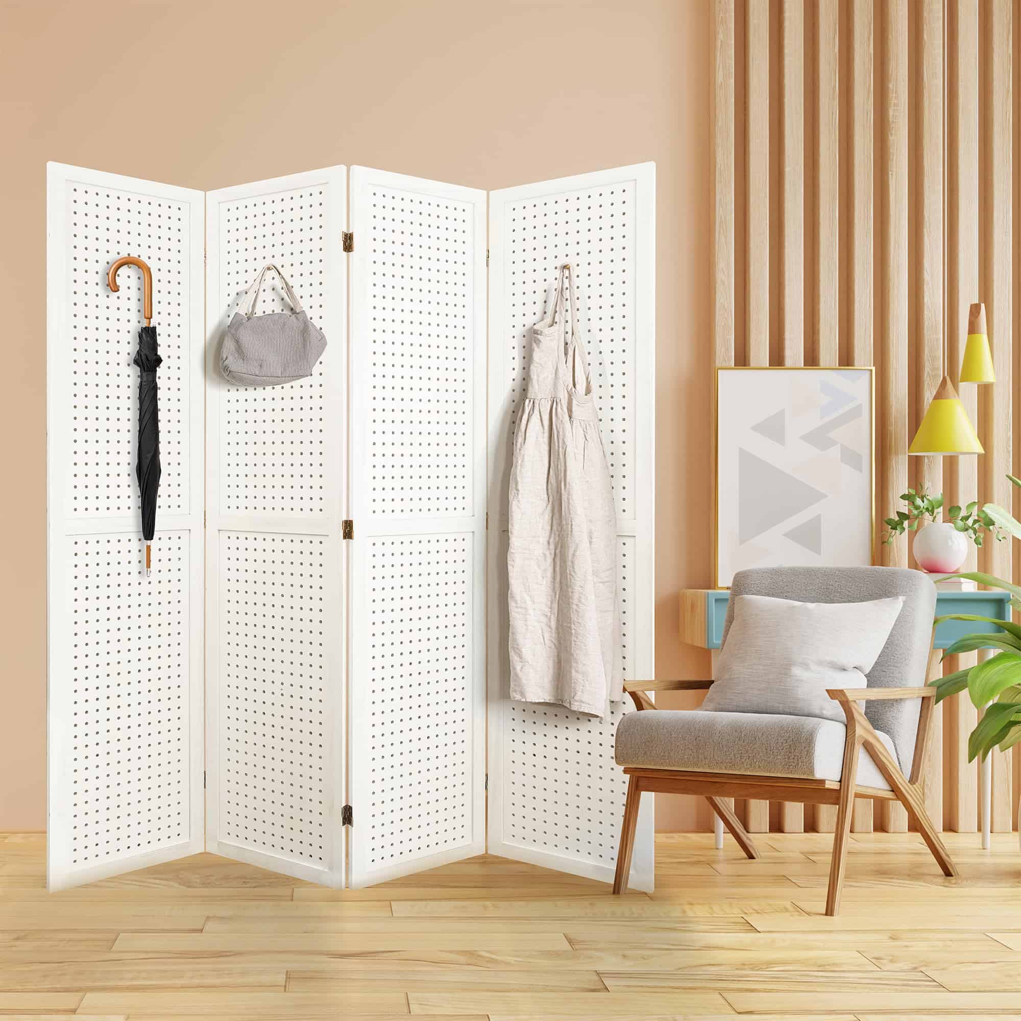 EPOFIT 4 Panels Room Divider, Wood Room Dividers and Folding Privacy Screens, 5.6 Ft Portable Peg Board Display Stand, White