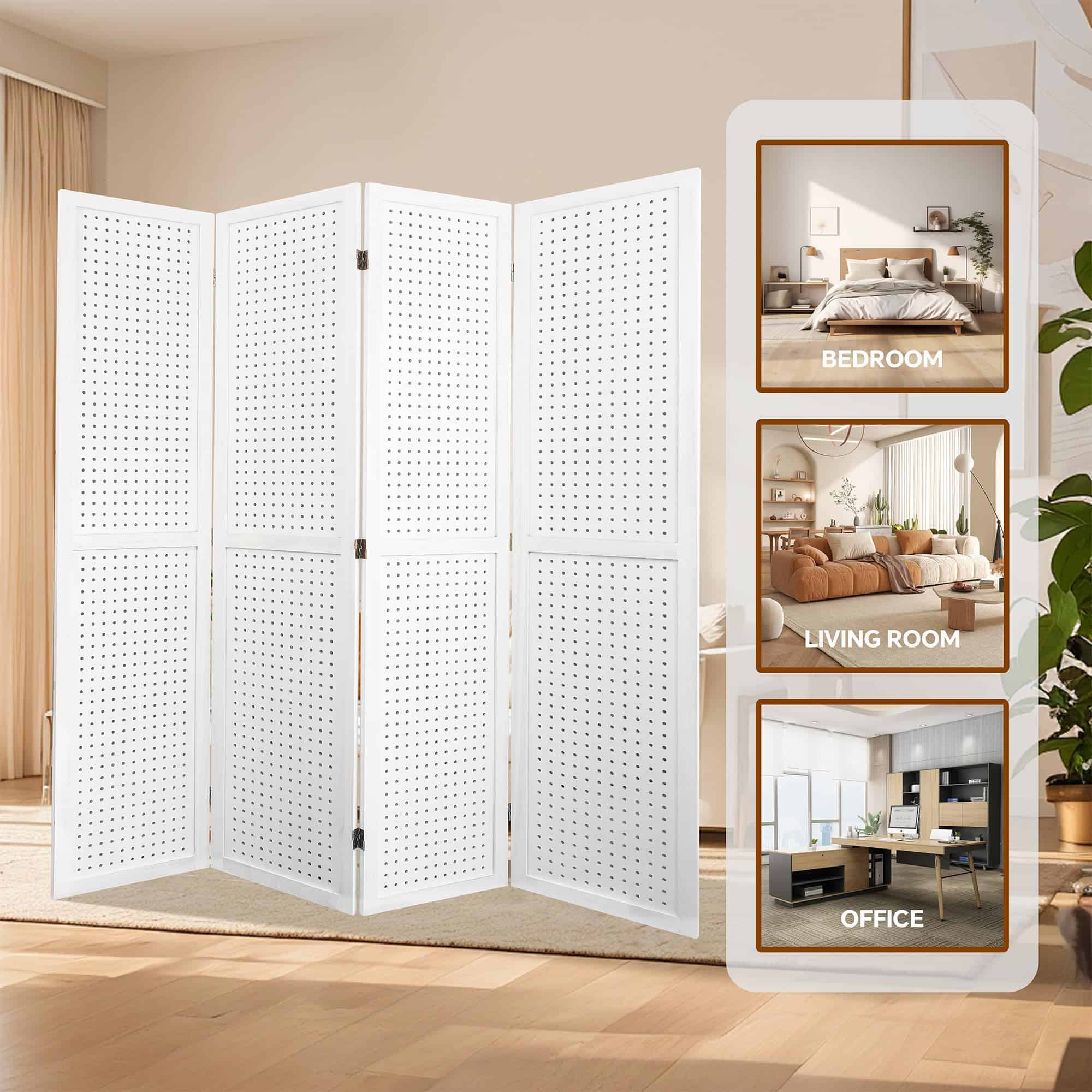EPOFIT 4 Panels Room Divider, Wood Room Dividers and Folding Privacy Screens, 5.6 Ft Portable Peg Board Display Stand, White