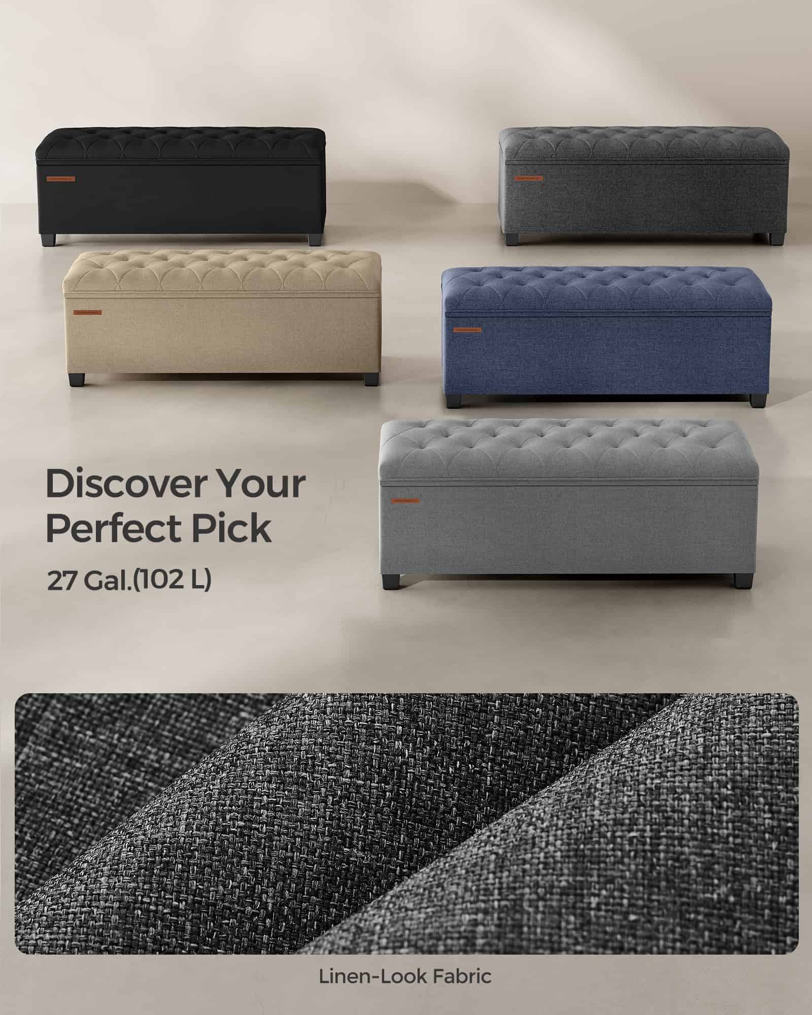 SONGMICS Storage Ottoman Bench, Foot Rest with Legs, 15.7 x 43.3 x 15.7 Inches, Dark Gray