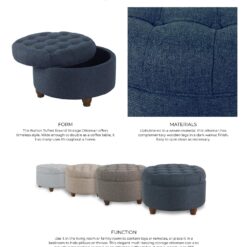 Homepop Home Decor, Large Button Tufted Woven Round Storage Ottoman (Navy Woven)