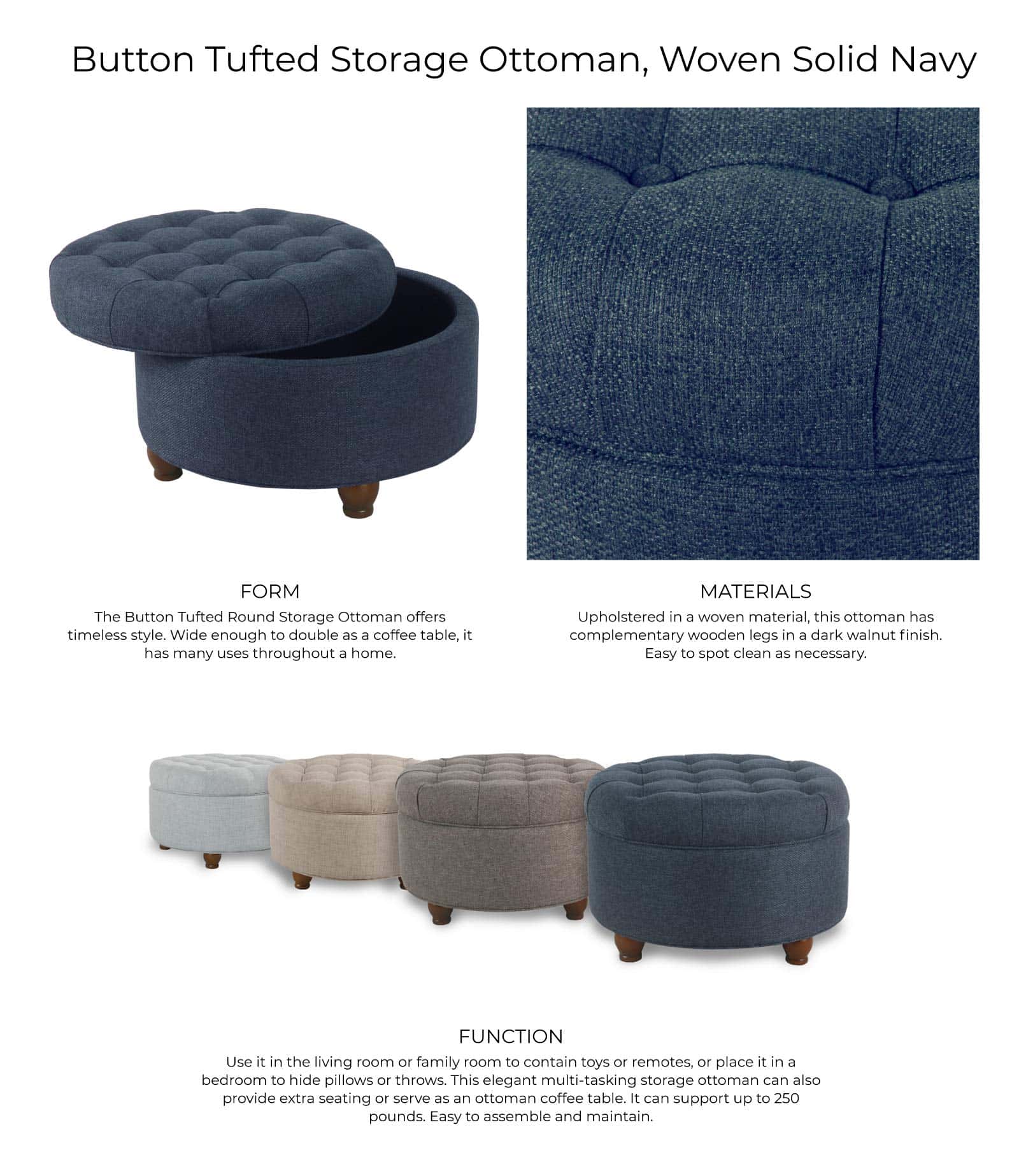 Homepop Home Decor, Large Button Tufted Woven Round Storage Ottoman (Navy Woven)