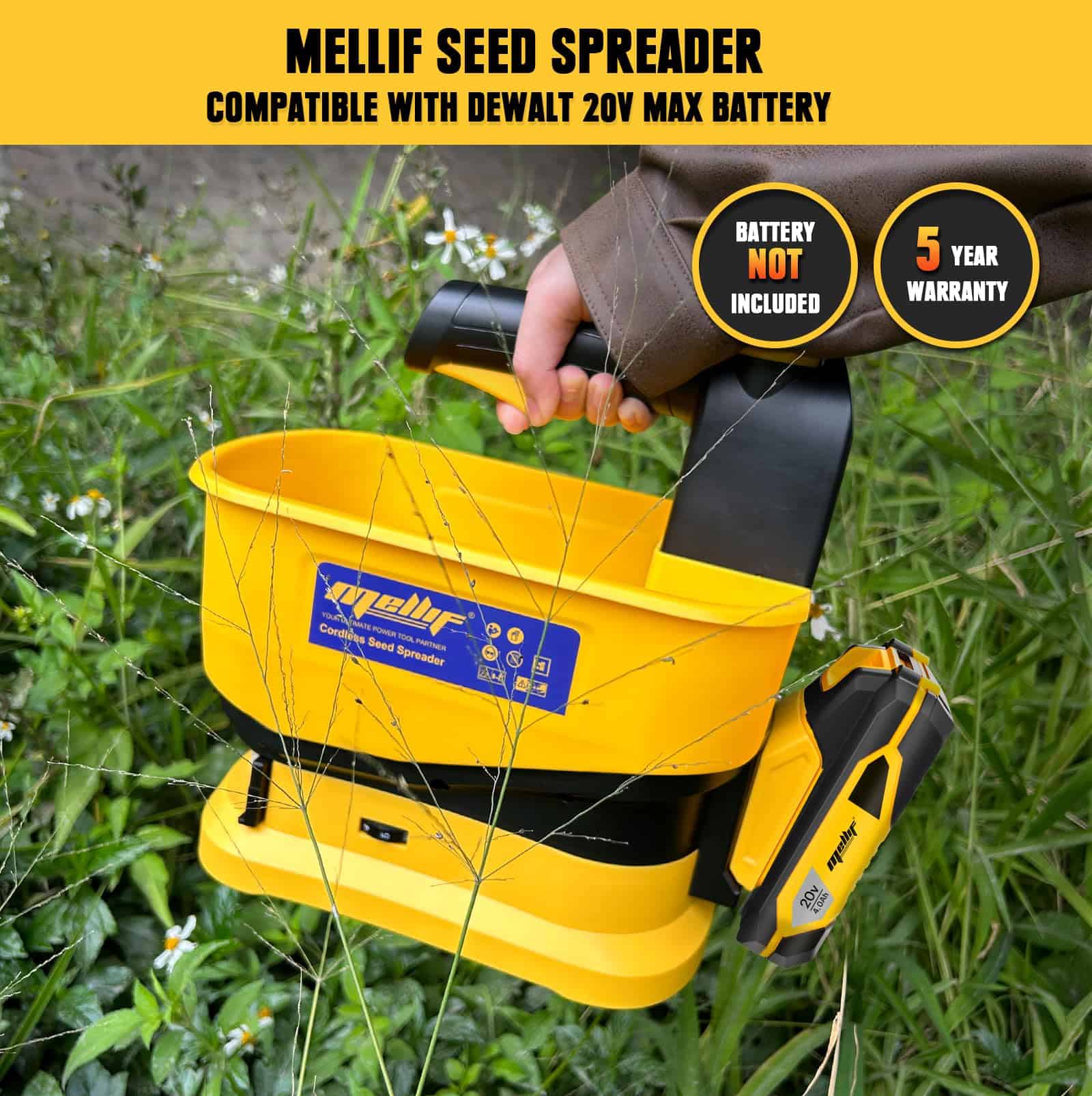 Mellif Cordless Handheld Spreader for Dewalt 20V MAX Battery, Power Fertilizer Spreader Available Year-Round