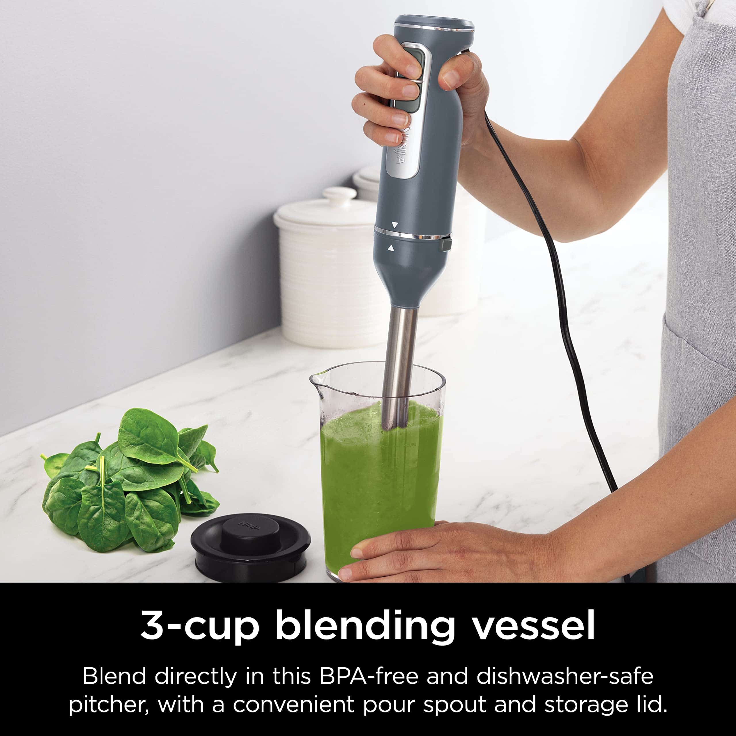 Ninja CI105BRN Foodi Power Mixer System, 750-Peak-Watt Immersion Blender and Hand Mixer, Sea Salt Gray