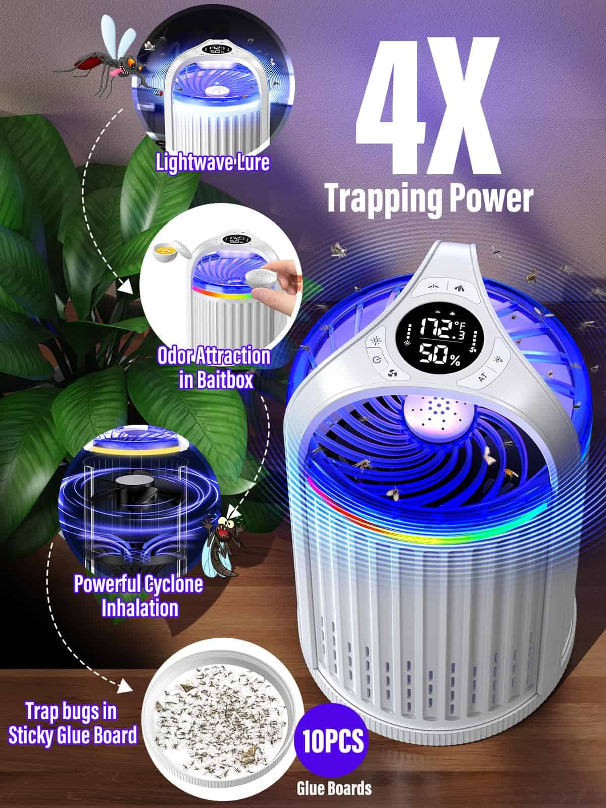 CreateFun Bug Zapper Indoor with Temperature & Humidity Sensor, Fly Trap Indoor, 3-in-1 Fruit Fly Trap, White