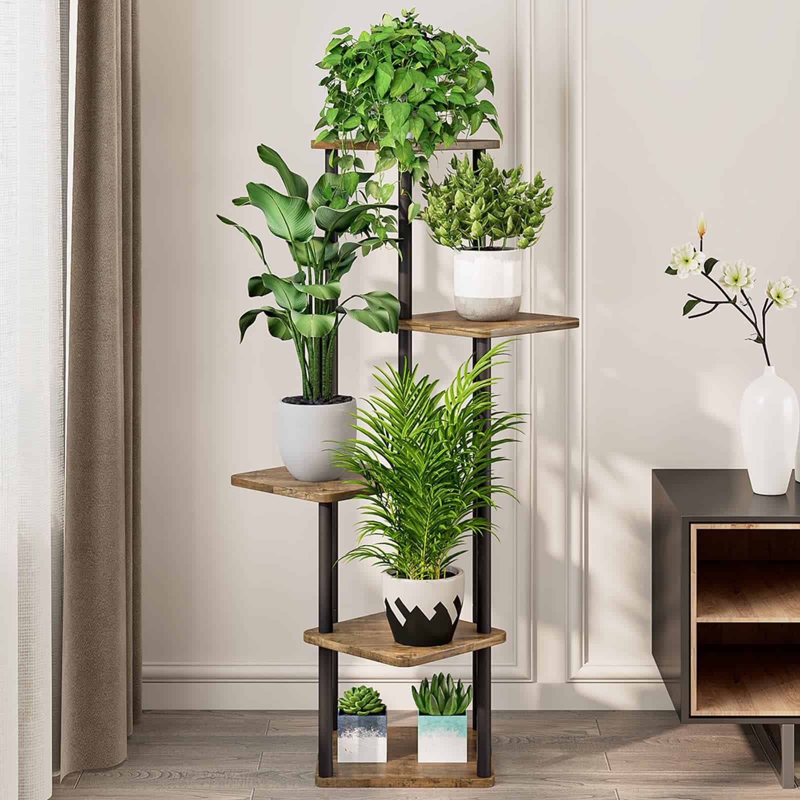 AZERPIAN Plant Stand 5 Tier Indoor Metal Flower Shelf for Multiple Plants Corner Tall Flower Holders, Black (5 Tier-Black)