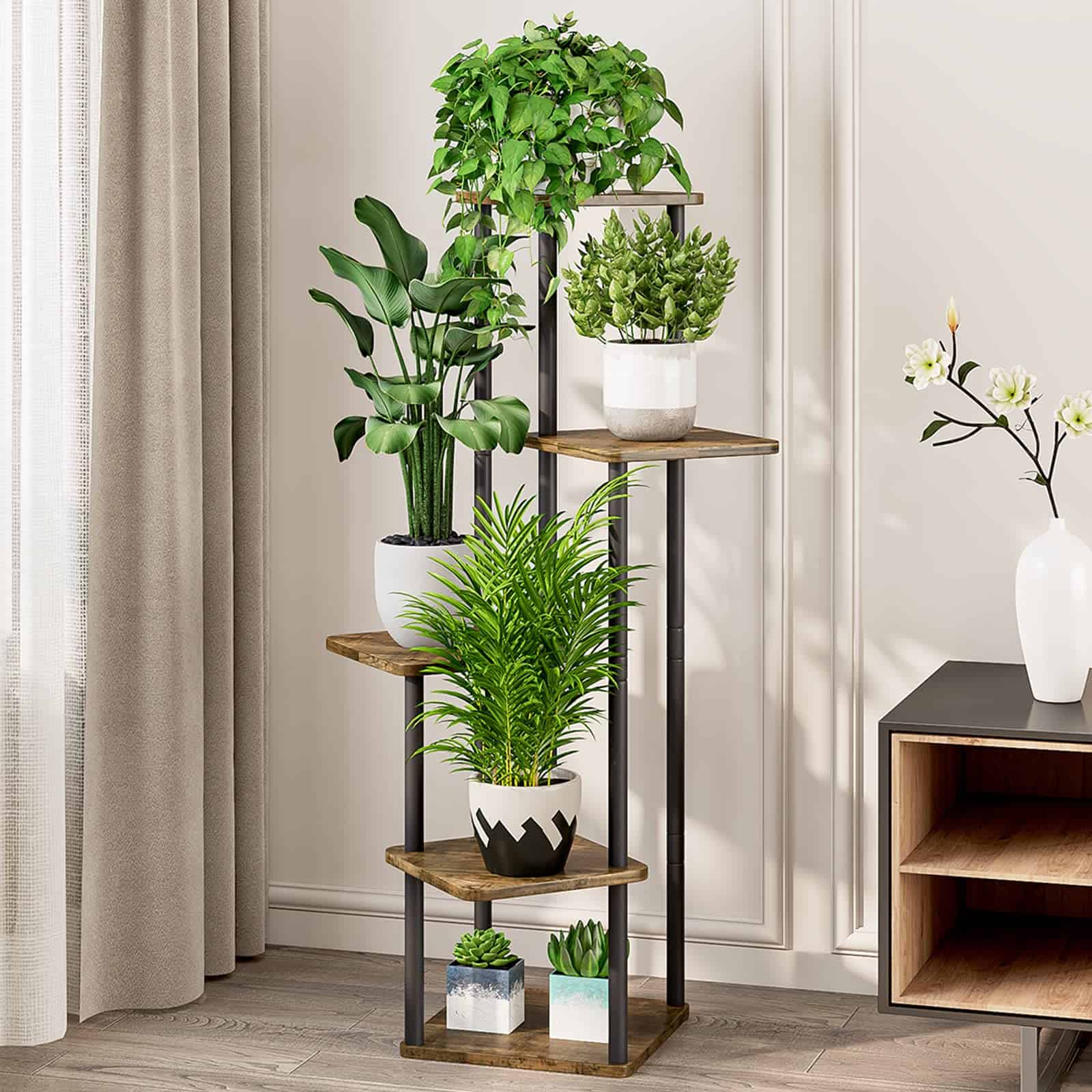 AZERPIAN Plant Stand 5 Tier Indoor Metal Flower Shelf for Multiple Plants Corner Tall Flower Holders, Black (5 Tier-Black)