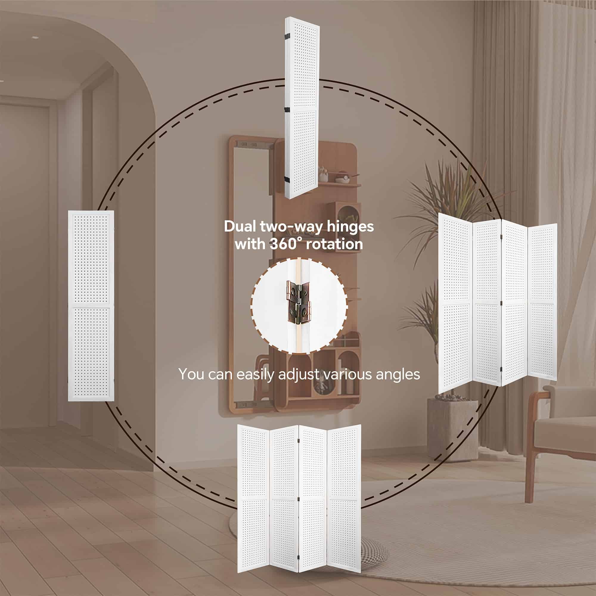 EPOFIT 4 Panels Room Divider, Wood Room Dividers and Folding Privacy Screens, 5.6 Ft Portable Peg Board Display Stand, White
