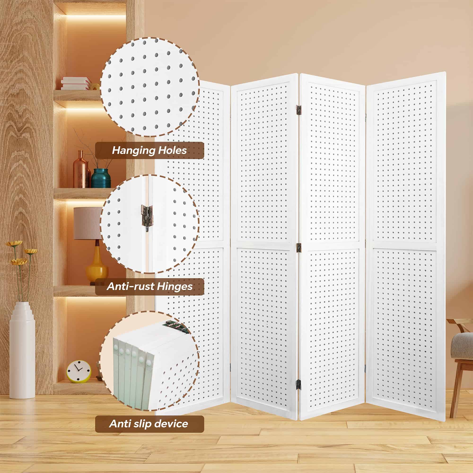 EPOFIT 4 Panels Room Divider, Wood Room Dividers and Folding Privacy Screens, 5.6 Ft Portable Peg Board Display Stand, White