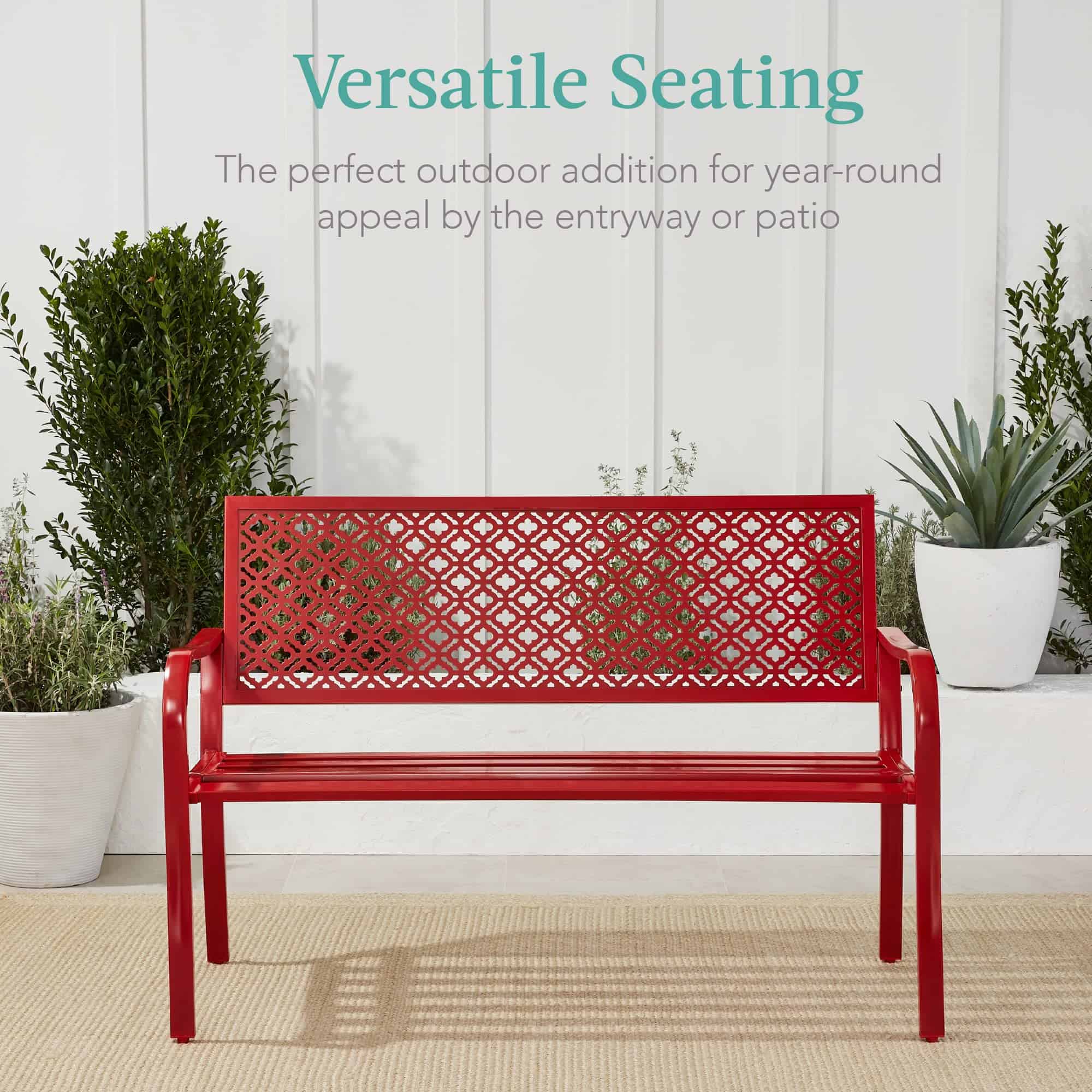 Best Choice Products Outdoor Bench 2-Person Metal Steel Benches Furniture, 790lb Capacity - Rose Red