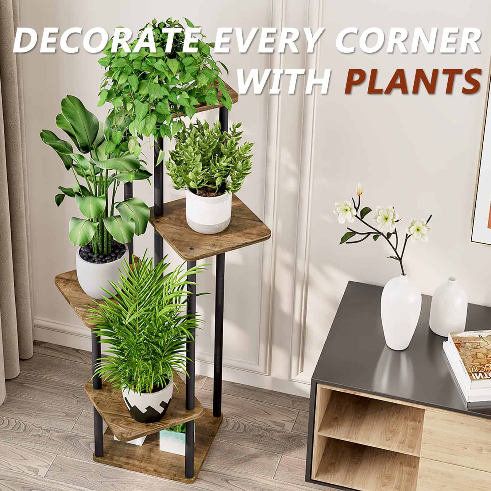 AZERPIAN Plant Stand 5 Tier Indoor Metal Flower Shelf for Multiple Plants Corner Tall Flower Holders, Black (5 Tier-Black)