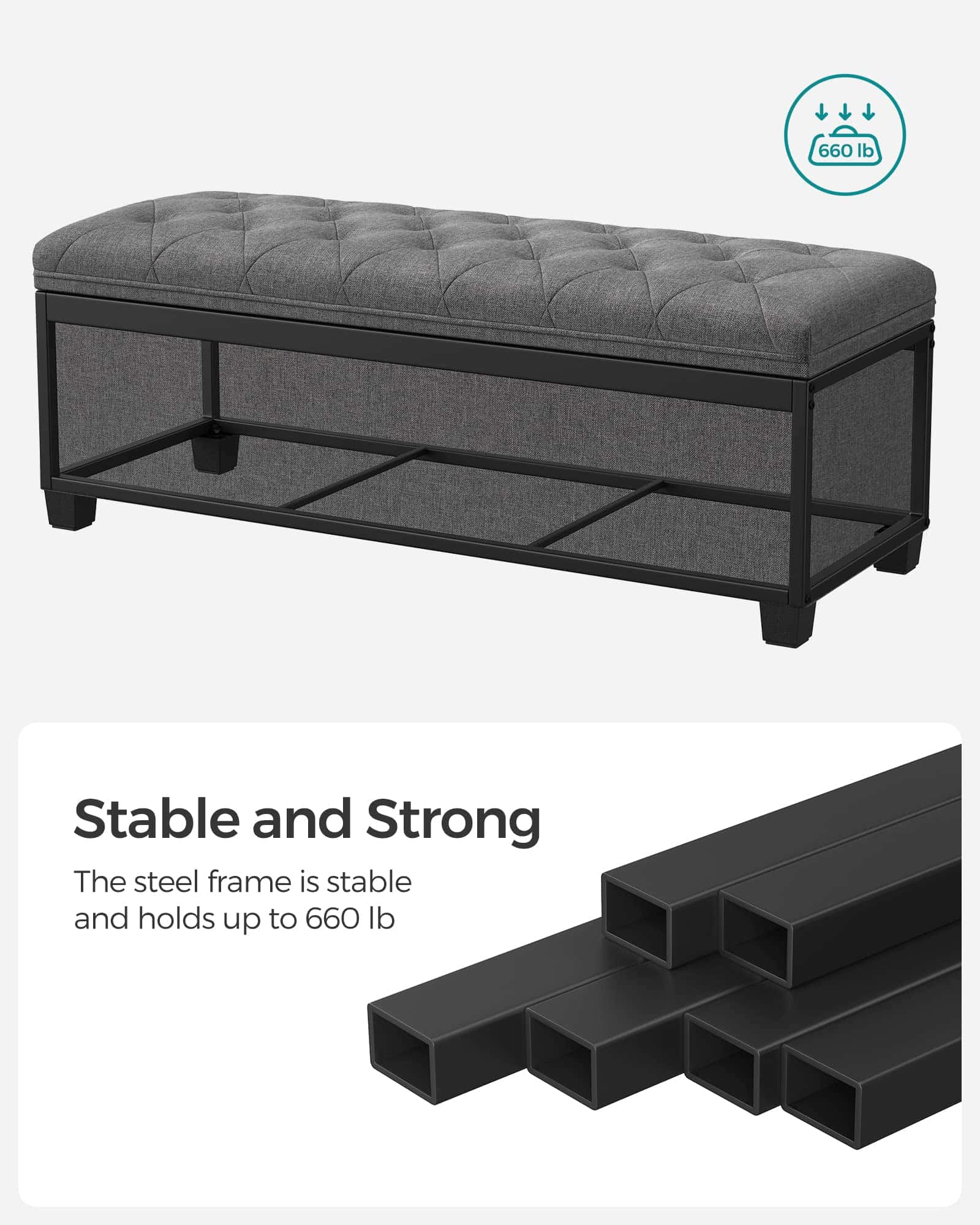 SONGMICS Storage Ottoman Bench, Foot Rest with Legs, 15.7 x 43.3 x 15.7 Inches, Dark Gray