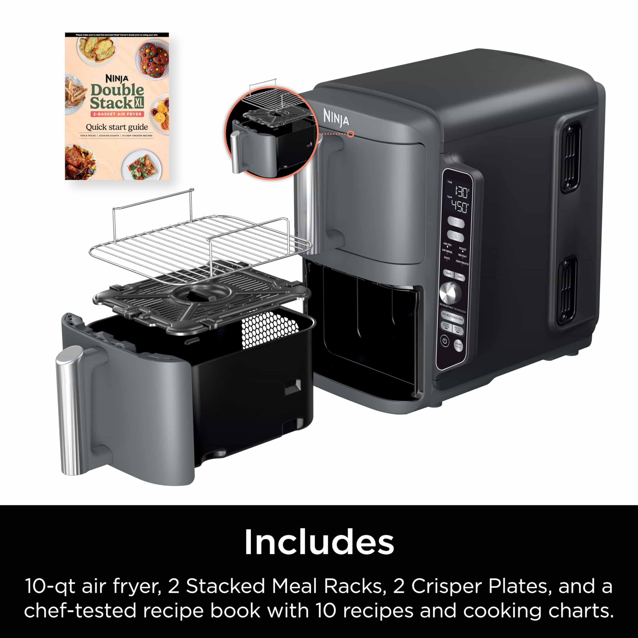 Ninja SL401 DoubleStack XL 2-Basket Air Fryer, DoubleStack Technology Cooks 4 Foods at Once, Compact Design, Grey