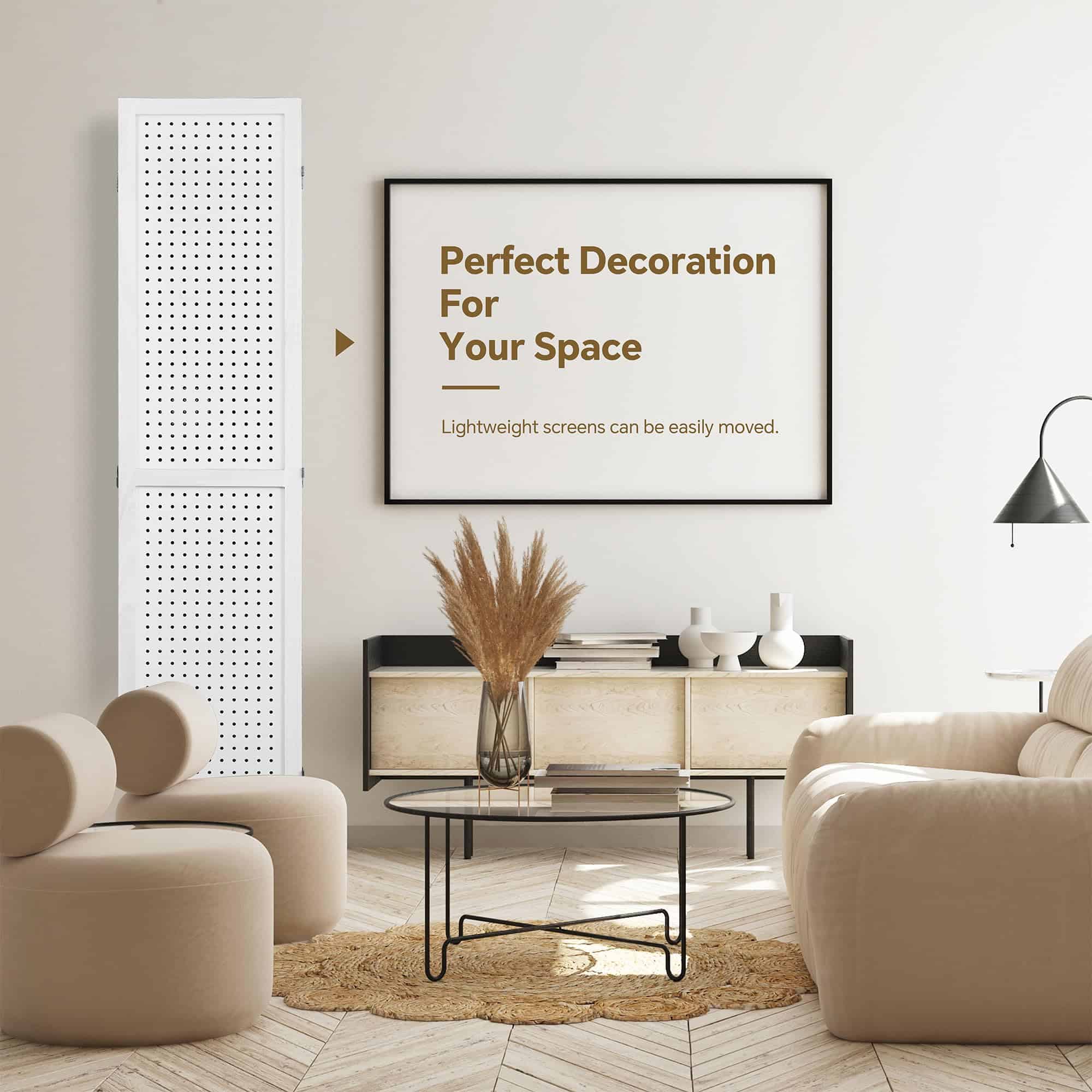EPOFIT 4 Panels Room Divider, Wood Room Dividers and Folding Privacy Screens, 5.6 Ft Portable Peg Board Display Stand, White