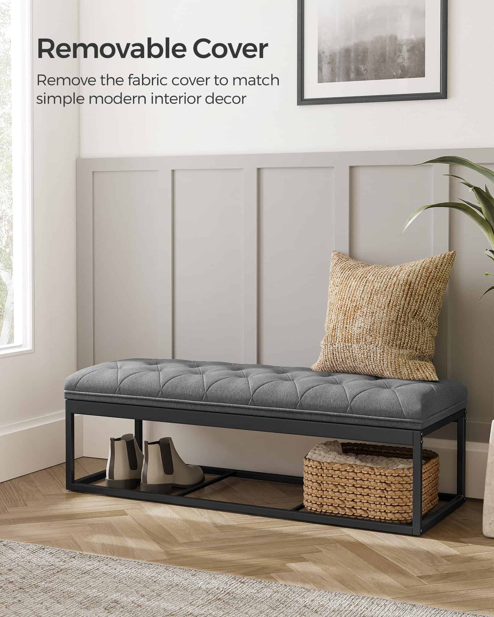 SONGMICS Storage Ottoman Bench, Foot Rest with Legs, 15.7 x 43.3 x 15.7 Inches, Dark Gray