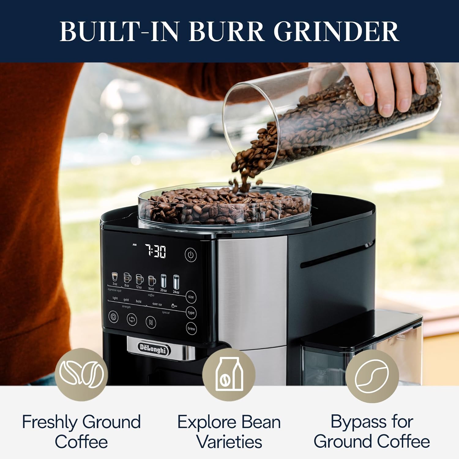 De'Longhi True Brew Drip Coffee Maker, Built in Grinder, Single Serve, 8 oz to 24 oz, Hot or Iced Coffee, Stainless, CAM51025MB - Image 5