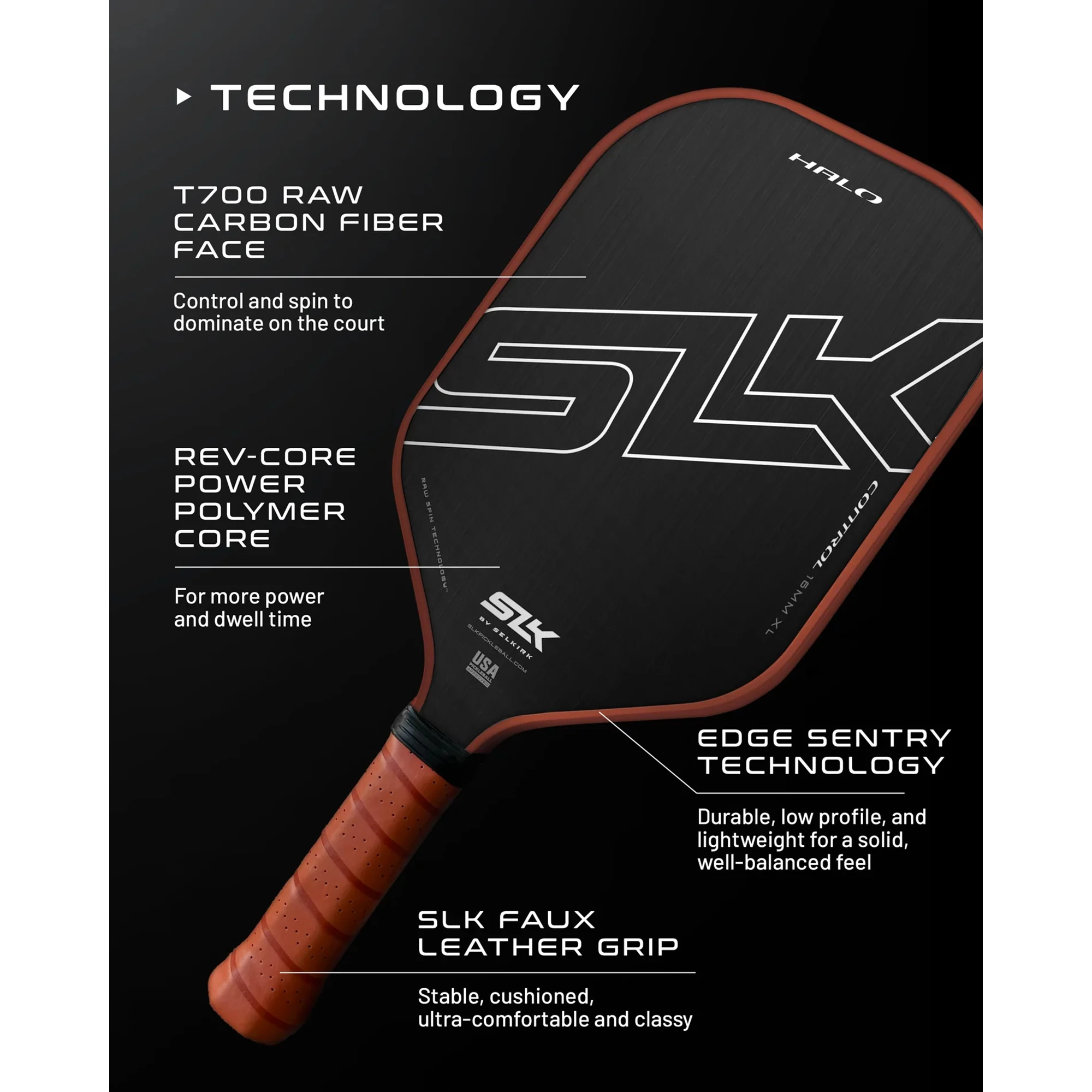 Selkirk Halo Power XL Pickleball Paddle, Raw Carbon