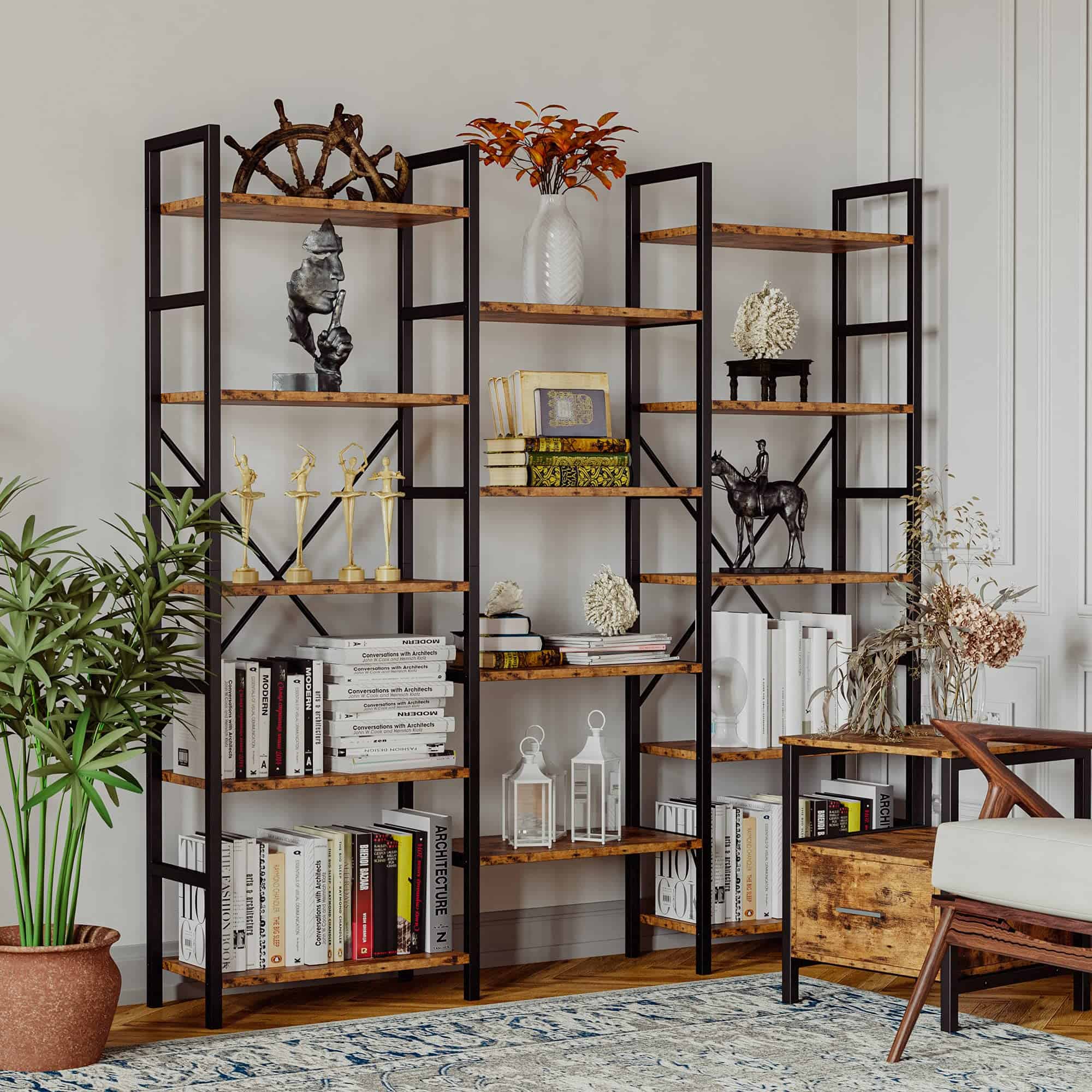 IRONCK Bookcases and Bookshelves Triple Wide 5 Tiers Industrial Bookshelf