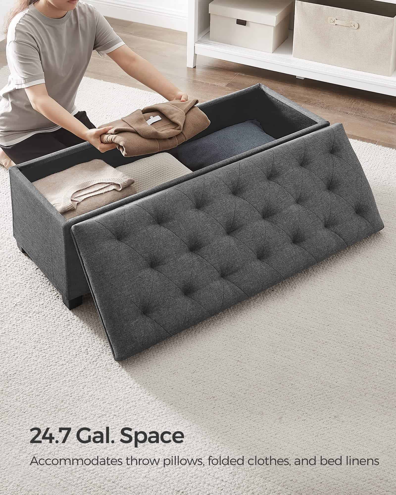 SONGMICS Storage Ottoman Bench, Foot Rest with Legs, 15.7 x 43.3 x 15.7 Inches, Dark Gray