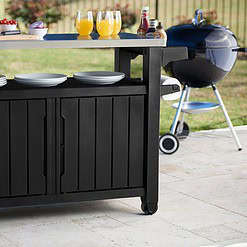 Keter Unity XL Portable Outdoor Table with Stainless Steel Top for Kitchen Prep and Outdoor Storage Cabinet, Dark Grey