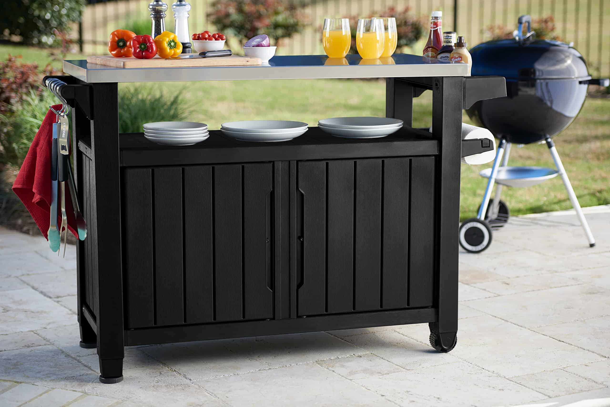 Keter Unity XL Portable Outdoor Table with Stainless Steel Top for Kitchen Prep and Outdoor Storage Cabinet, Dark Grey