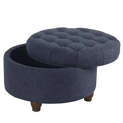 Homepop Home Decor, Large Button Tufted Woven Round Storage Ottoman (Navy Woven)