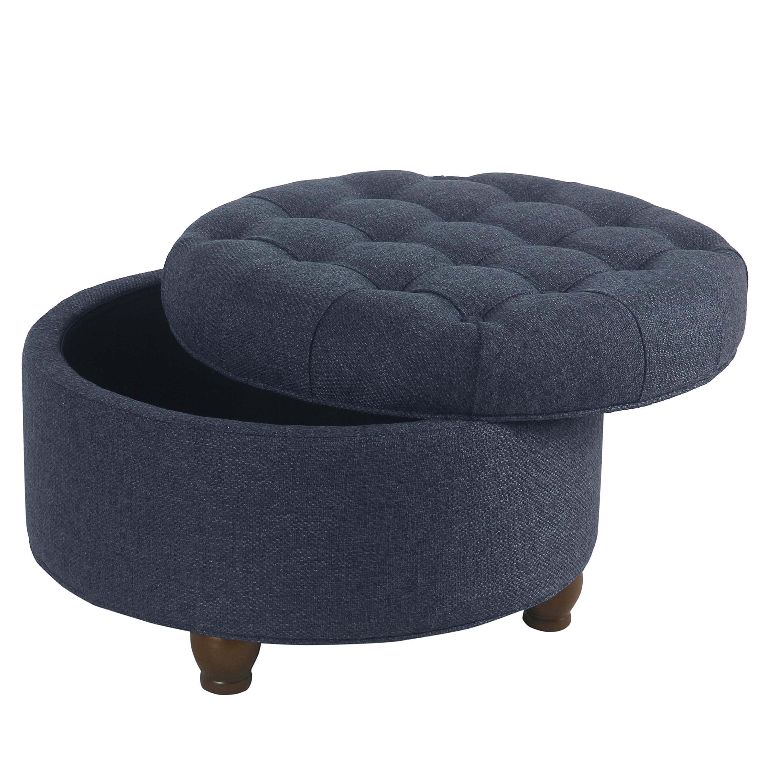 Homepop Home Decor, Large Button Tufted Woven Round Storage Ottoman (Navy Woven)
