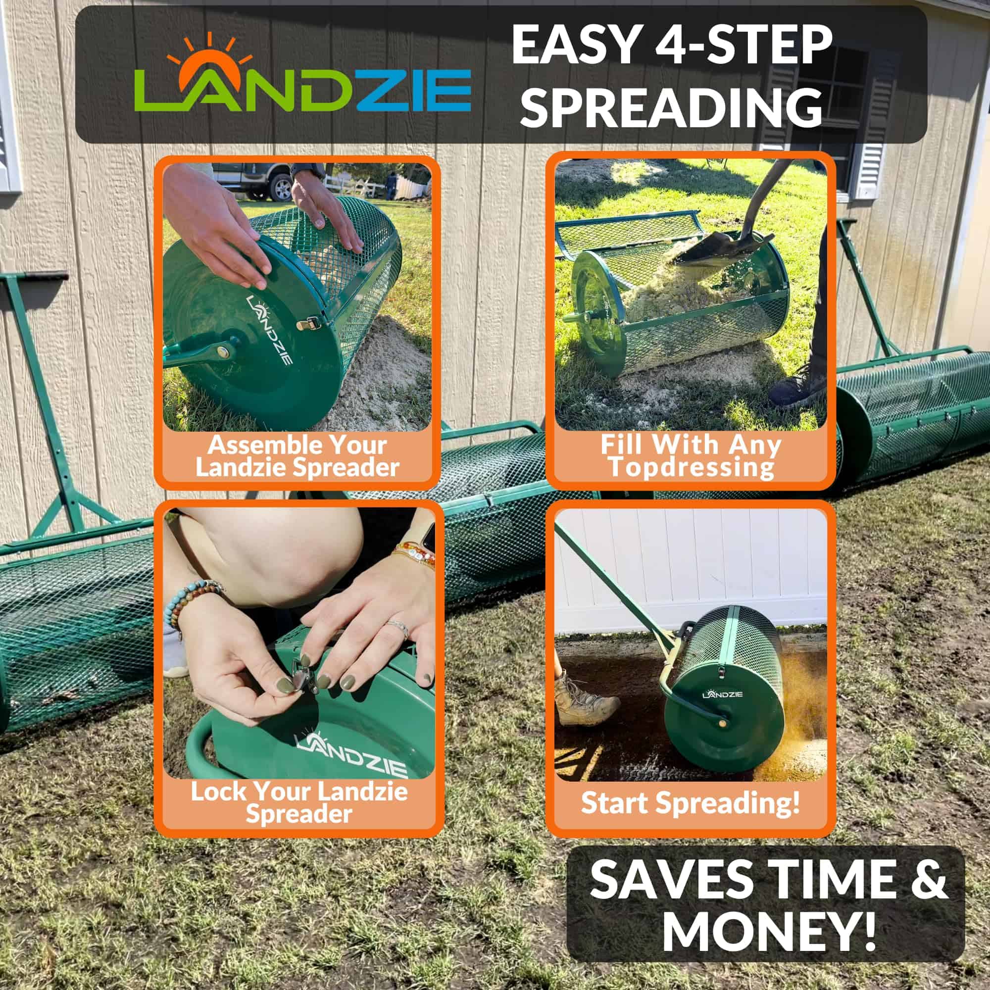 Landzie 24 Inch Compost Spreader and Peat Moss Spreader, Metal Mesh Basket Compost Spreader for Lawn