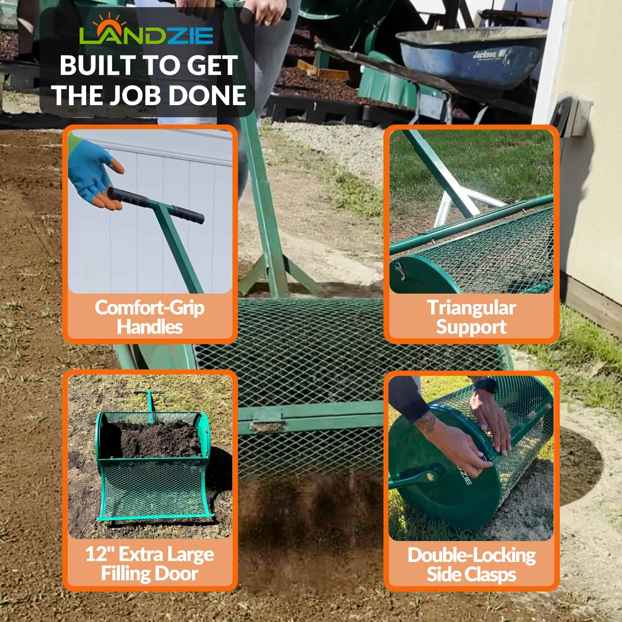 Landzie 24 Inch Compost Spreader and Peat Moss Spreader, Metal Mesh Basket Compost Spreader for Lawn