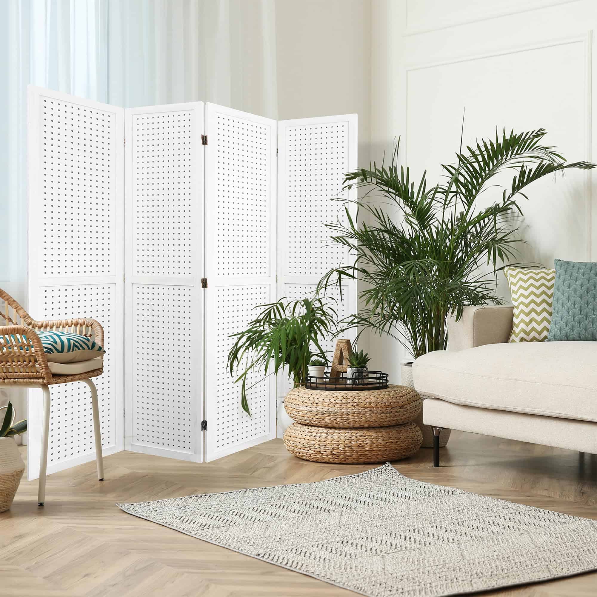 EPOFIT 4 Panels Room Divider, Wood Room Dividers and Folding Privacy Screens, 5.6 Ft Portable Peg Board Display Stand, White
