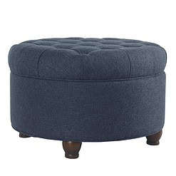 Homepop Home Decor, Large Button Tufted Woven Round Storage Ottoman (Navy Woven)
