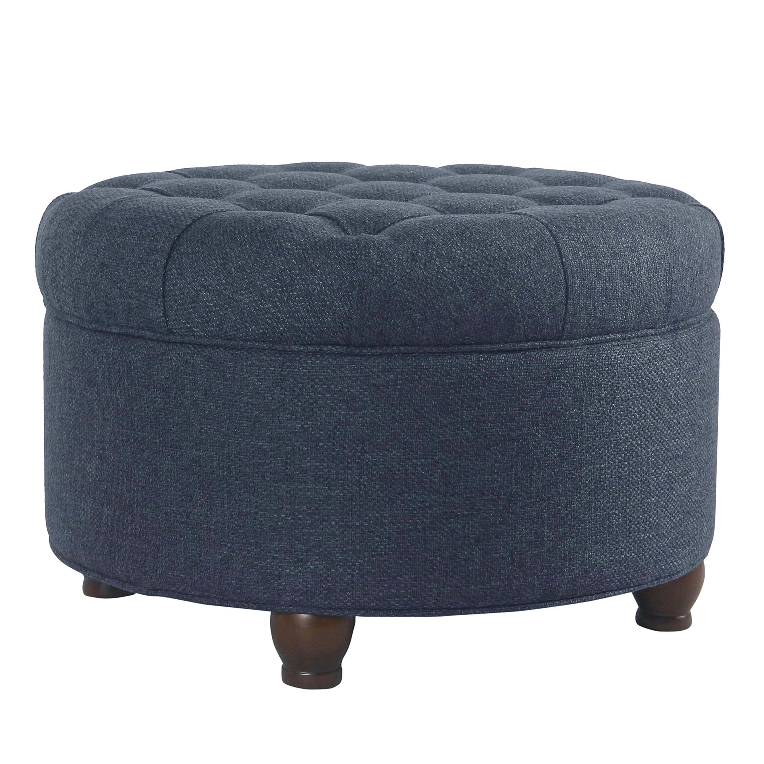 Homepop Home Decor, Large Button Tufted Woven Round Storage Ottoman (Navy Woven)