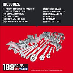 Craftsman 1/4, 3/8 and 1/2 in. drive Metric and SAE 6 and 12 Point Mechanic's Tool Set 189 pc