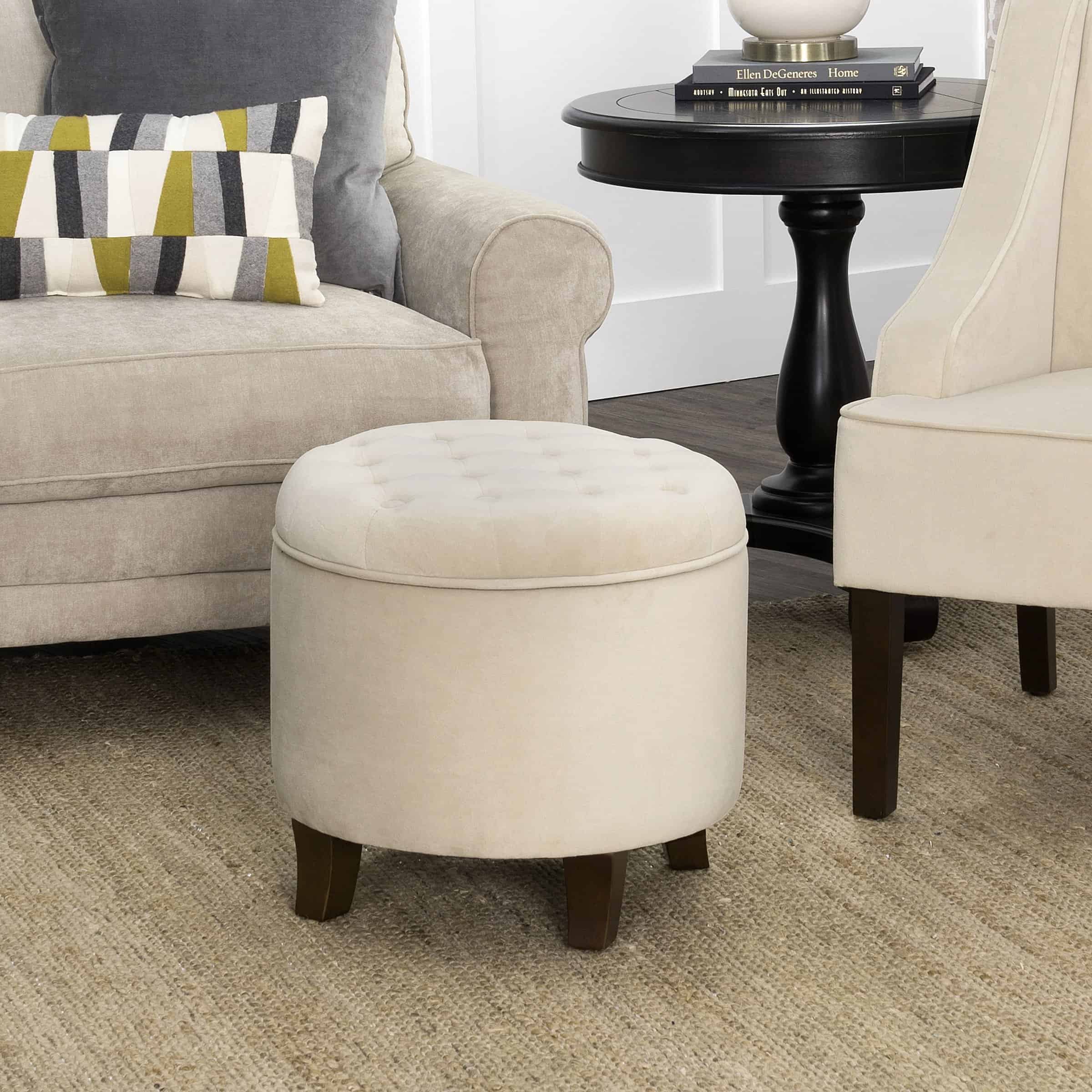 Homepop Home Decor | Upholstered Round Velvet Tufted Foot Rest Ottoman, Cream Small