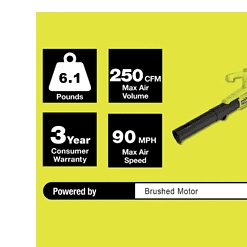 RYOBI P21011BTLVNM ONE+ 18V 90 MPH 250 CFM Cordless Battery Leaf Blower (Tool Only)
