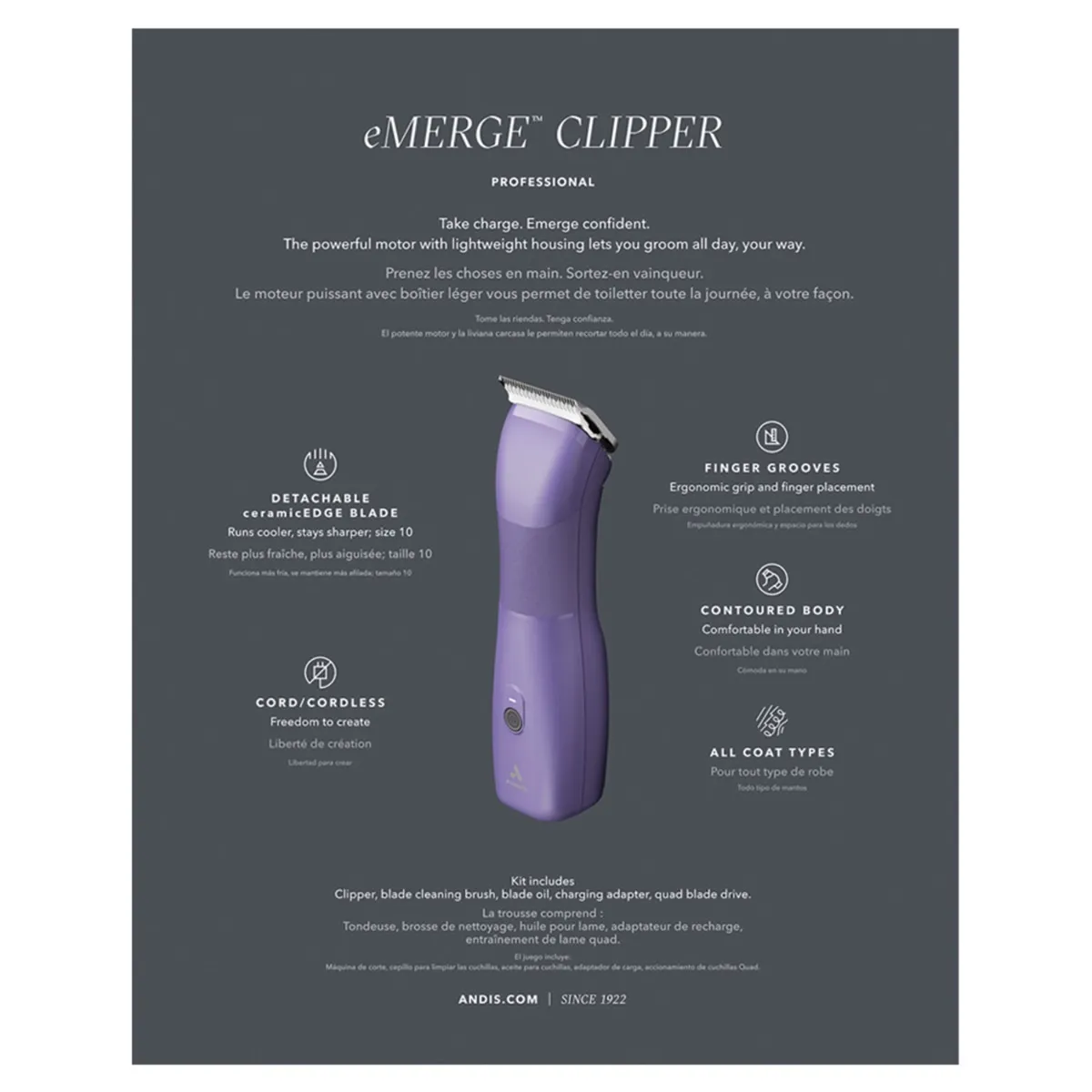 Andis eMERGE Cordless Dog Hair Clipper Purple